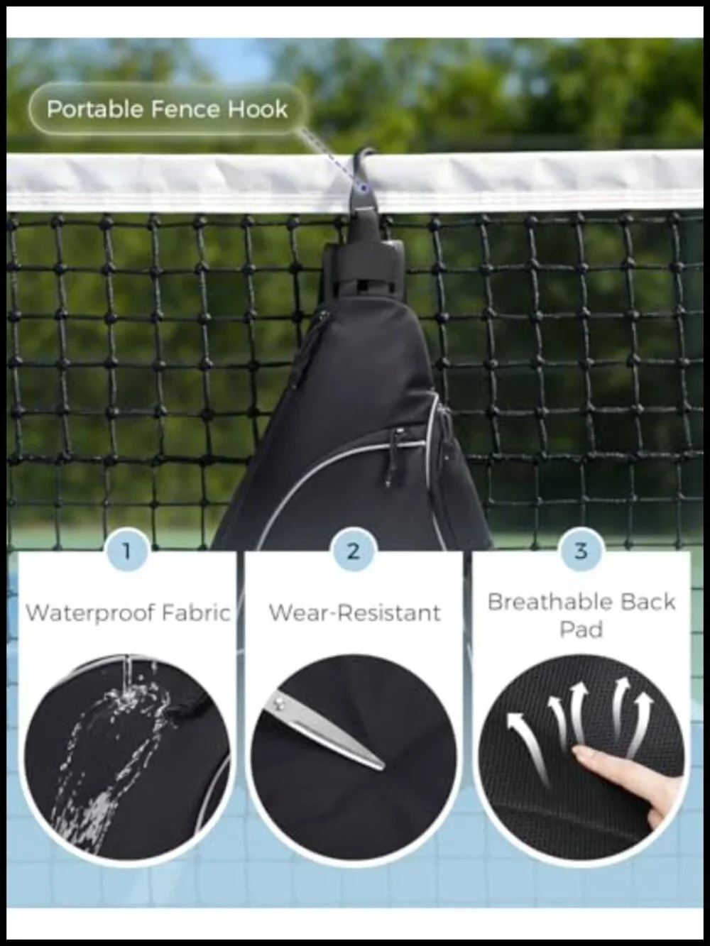 Pickleball Sling Bag with Paddle & Ball Compartments, Water-Resistant, Fence